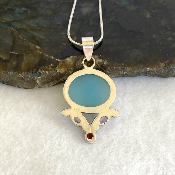 Sterling Silver 925 Chalcedony Amethyst Garnet Iolite Pendant Necklace 20" Chain - Picture 8 of 16
